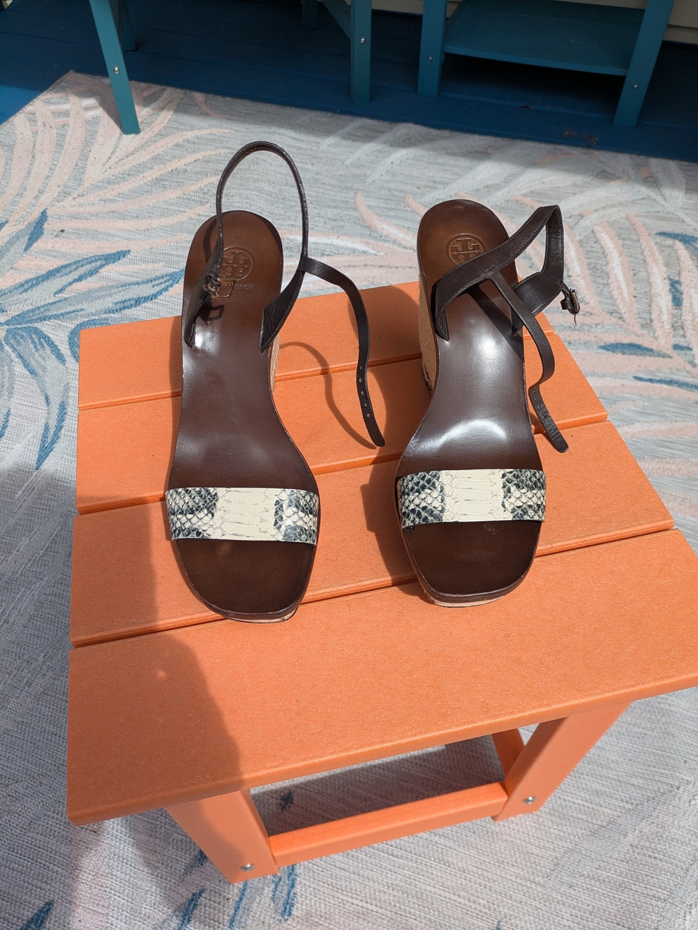 Tory Burch Brown Leather Heels with Cream & Black Snake-Print Strap